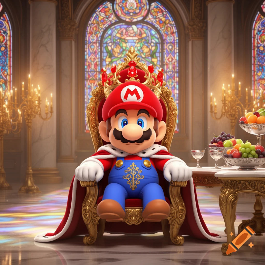 Mario, the video game character, sits on a golden throne in a grand hall, wearing a crown and royal robes.