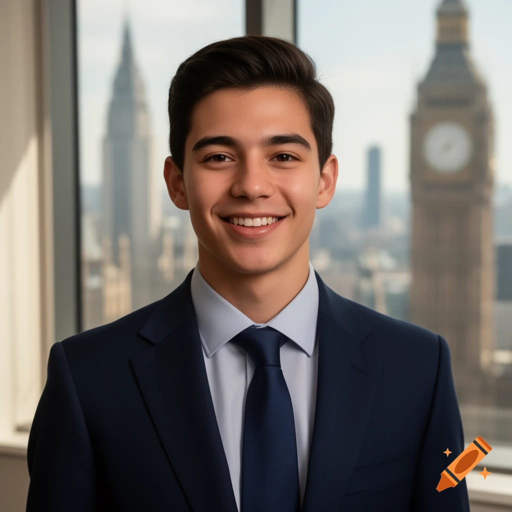 Smiling young man in a dark suit and blue shirt, looking at the camera, with a blurred cityscape and landmarks behind him.