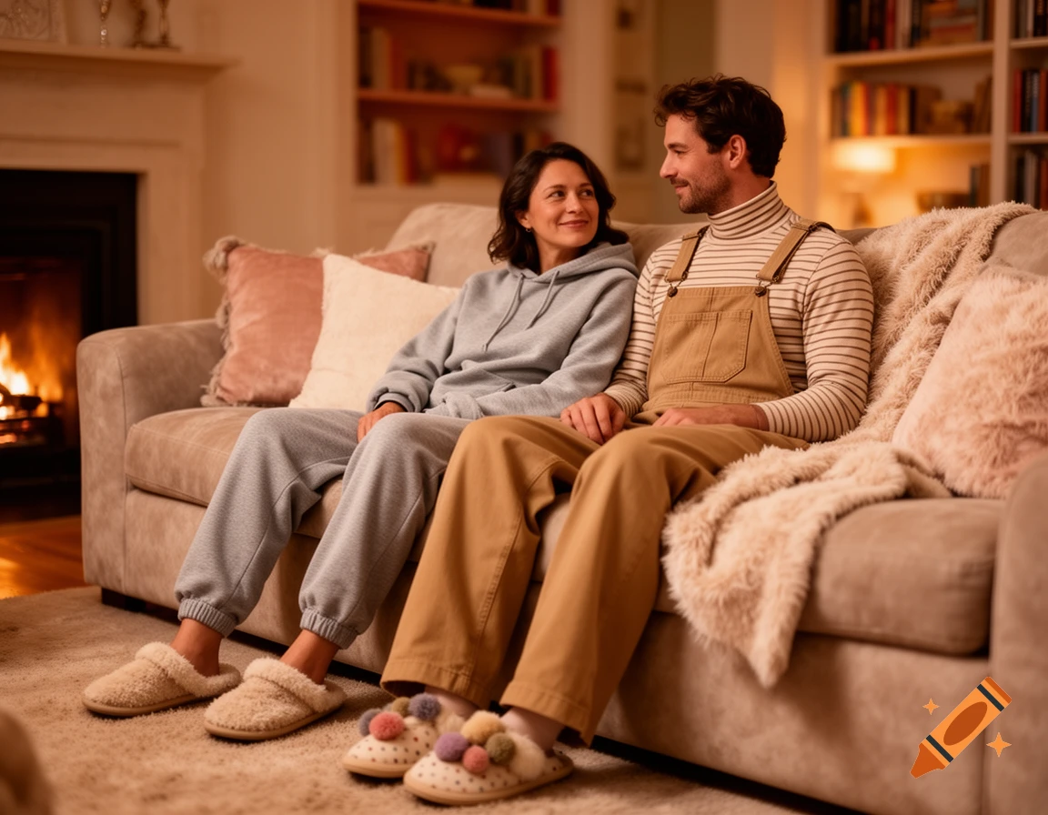 A man and woman relax on a sofa in a cozy living room with a lit fireplace, looking at each other.