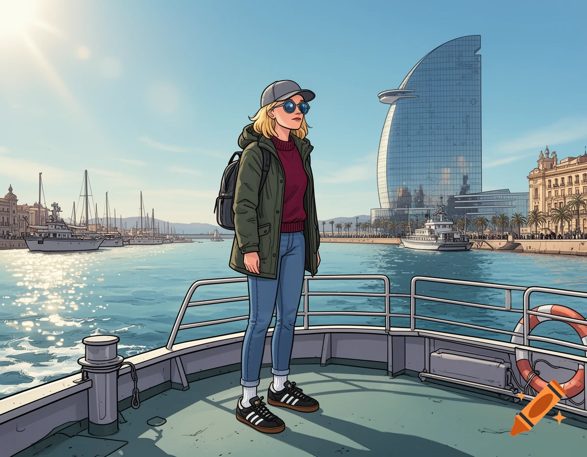 A blonde woman in a green jacket and jeans stands on a boat deck, overlooking the Barcelona city harbor with the W Hotel.