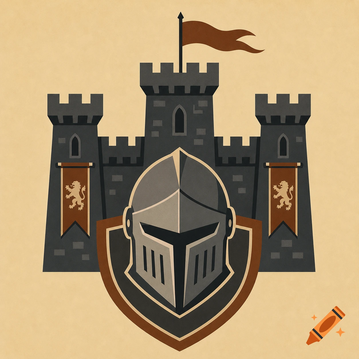 Stylized illustration of a gray knight's helmet and shield in front of a dark gray castle with a brown flag and lion banners on a beige background.
