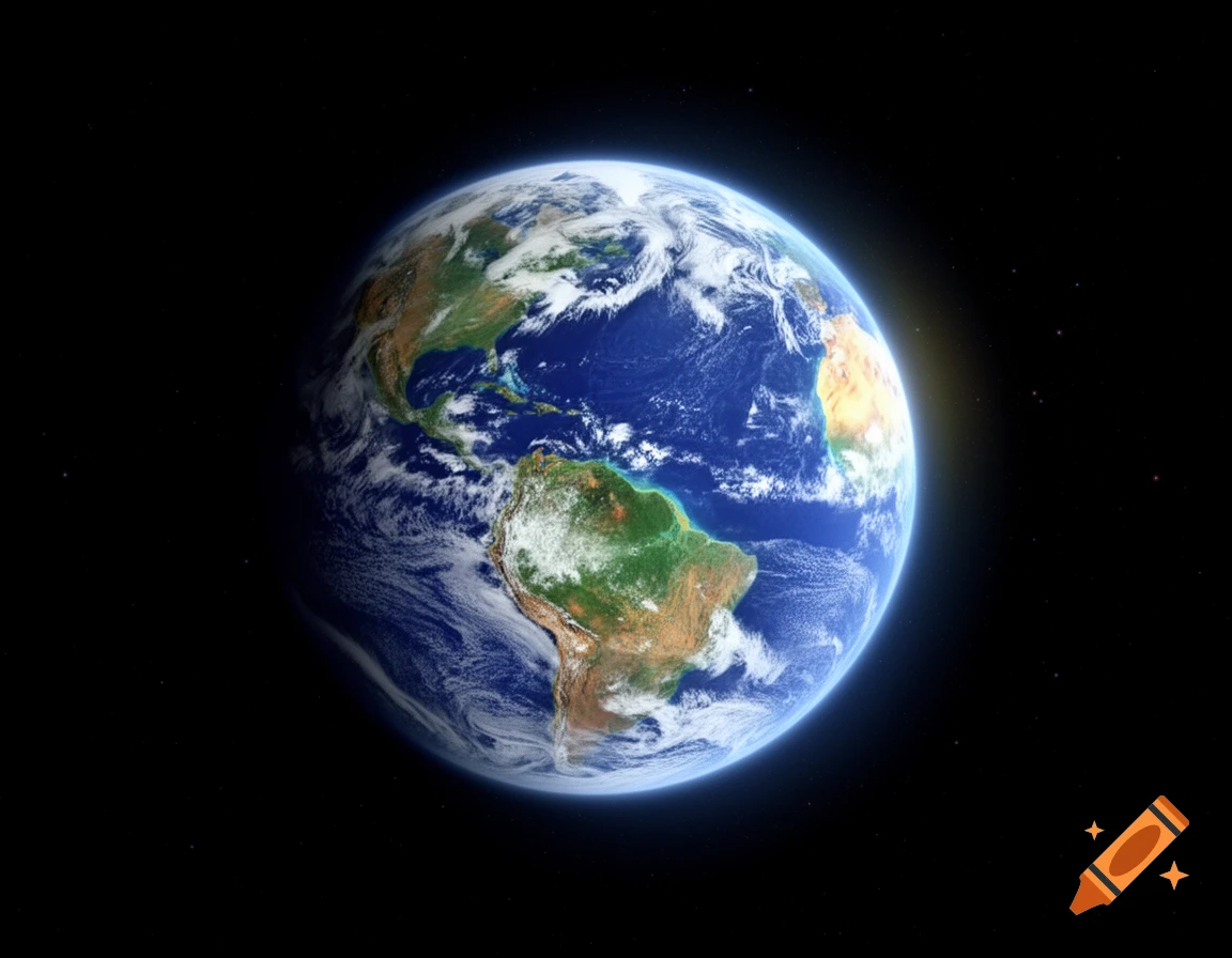 A photorealistic view of planet Earth from space, showing continents, oceans, and clouds against a dark cosmic background.