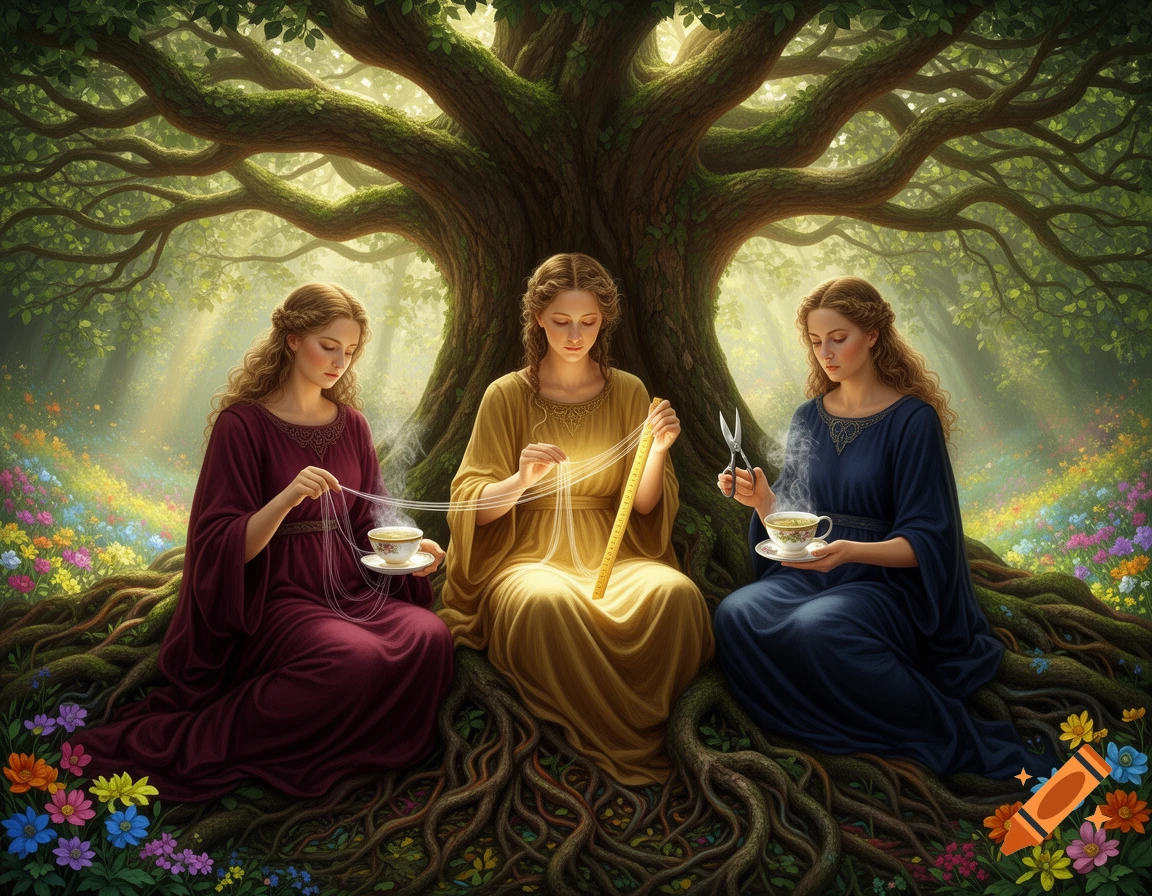 Three women in classical dresses sit under a massive, ancient tree, weaving threads and drinking tea in a vibrant, magical forest scene.