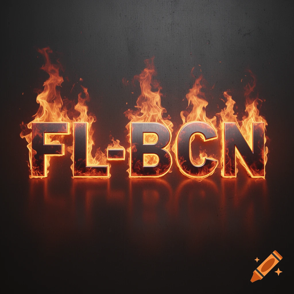 The letters FL-BCN are engulfed in bright orange and yellow flames against a dark, textured background.