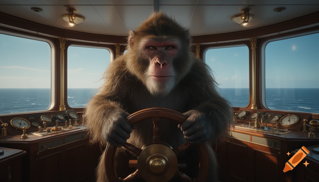 A large, photorealistic brown monkey with a white beard steers a ship from a wooden captain's bridge overlooking a blue ocean.