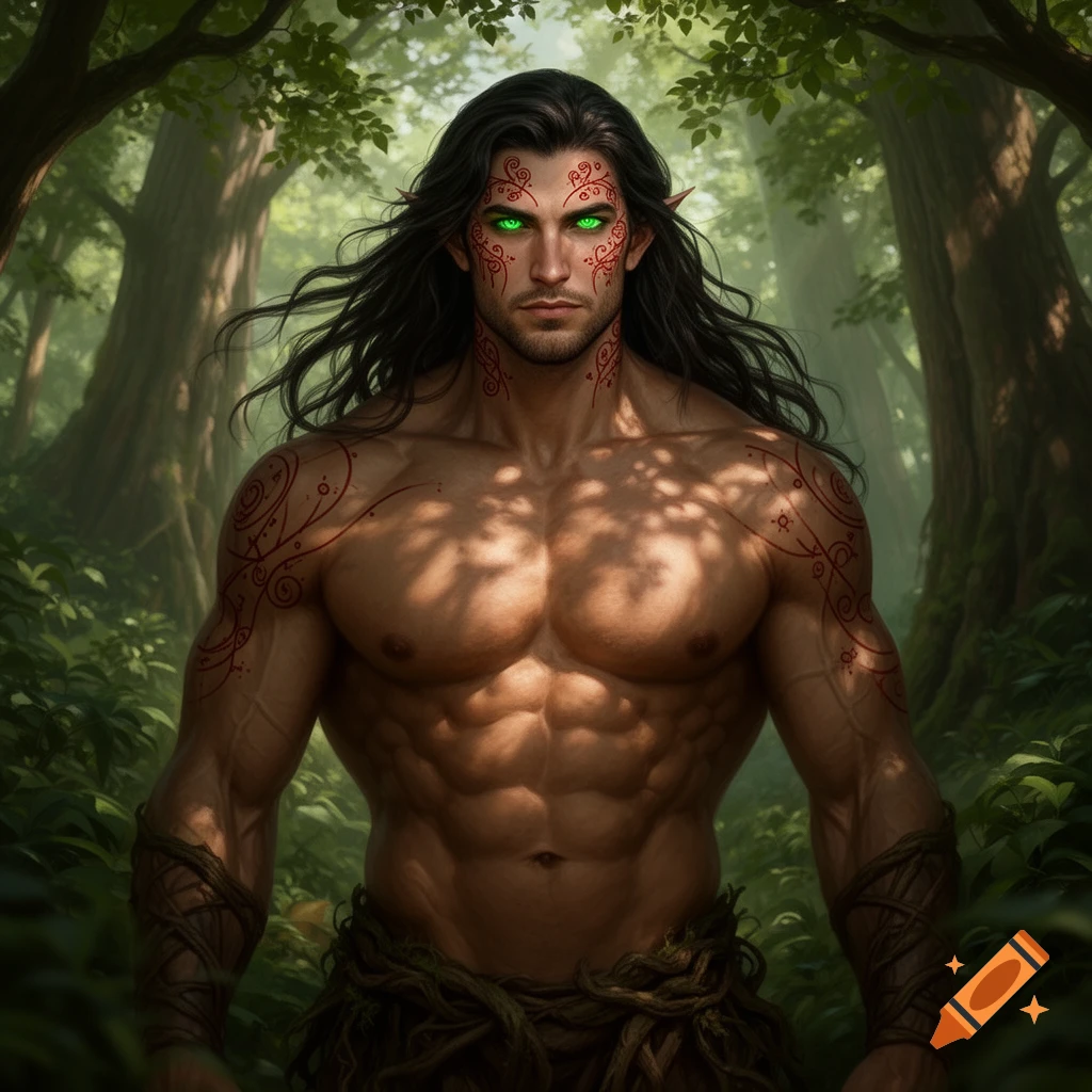 Muscular male elf with long dark hair, glowing green eyes, and red tribal tattoos on his face and body stands in a lush forest.