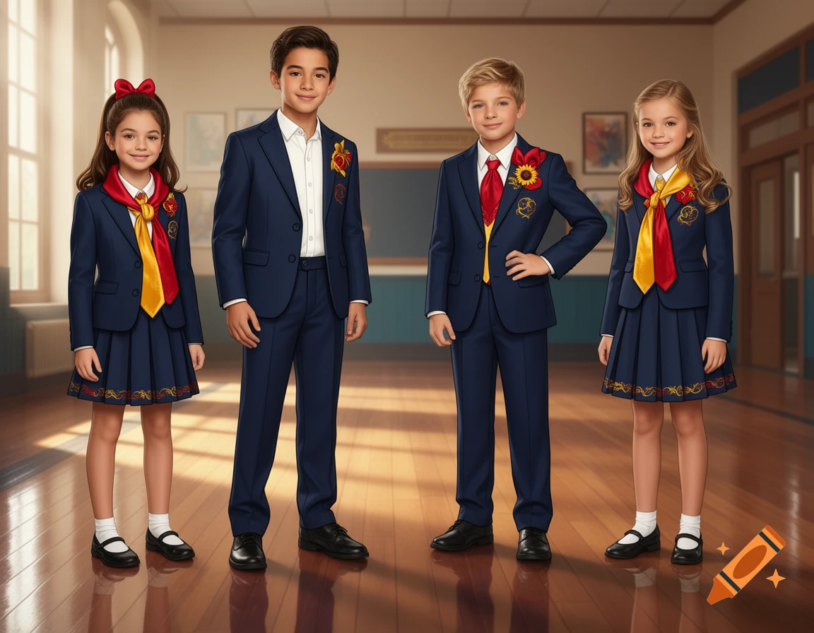 Four children, two boys and two girls, in navy blue, red, and yellow school uniforms stand in a school hallway. Photorealistic style.