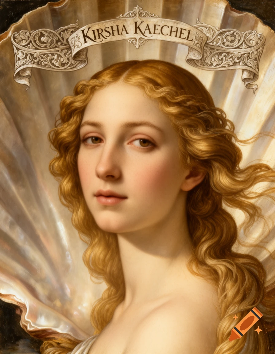 A classical portrait painting of a woman with long wavy blonde hair, looking forward, partially undressed, emerging from a large seashell. A banner above her reads "KIRSHA KAECHEL".