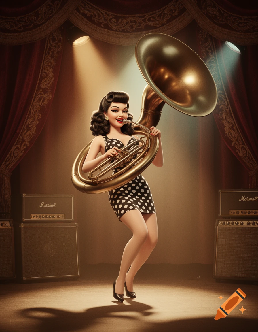 A stylized 3D pin-up woman with dark hair in a polka dot dress plays a bronze sousaphone on a stage with red curtains and Marshall amplifiers.