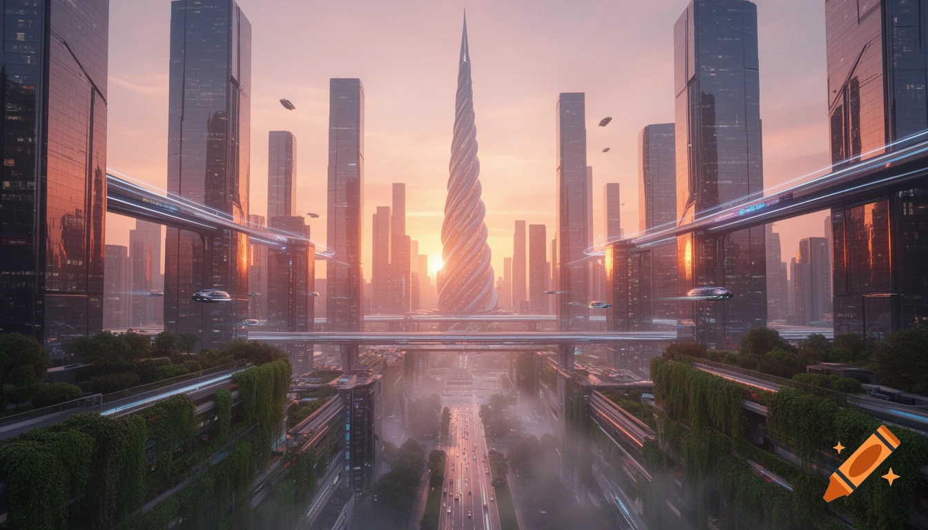 A sweeping panoramic view of a futuristic cityscape at sunrise, with towering skyscrapers, elevated transit lines, and flying vehicles.