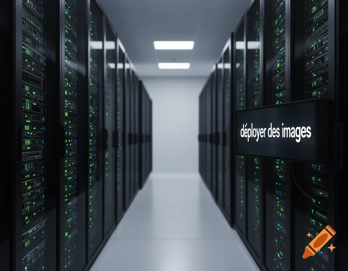 A long, futuristic data center hallway with rows of server racks glowing green and a sign reading 'déployer des images'.
