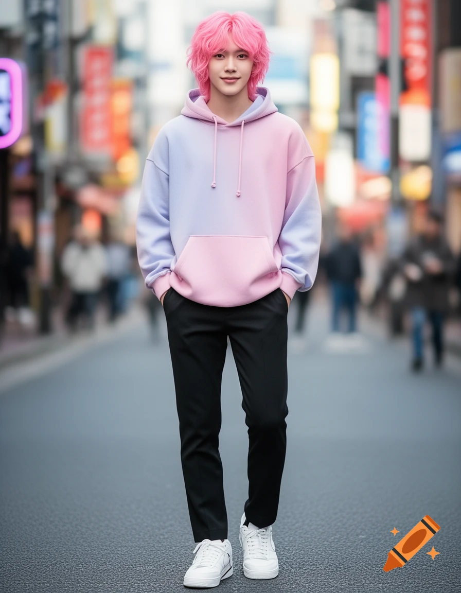 A young person with bright pink wavy hair, wearing a pastel gradient hoodie and black pants, stands smiling in a blurry urban street.