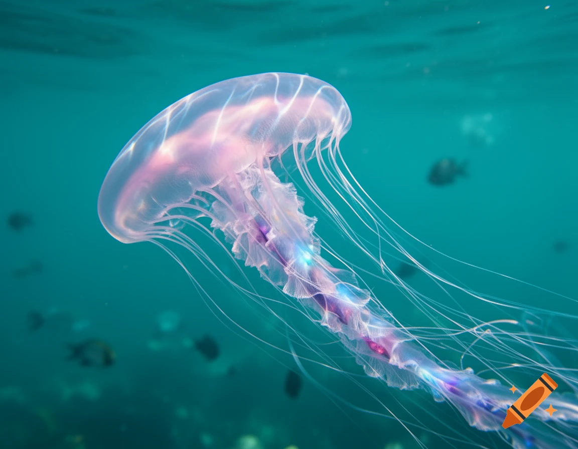 A translucent, glowing jellyfish with long tentacles swims in clear blue-green ocean water.