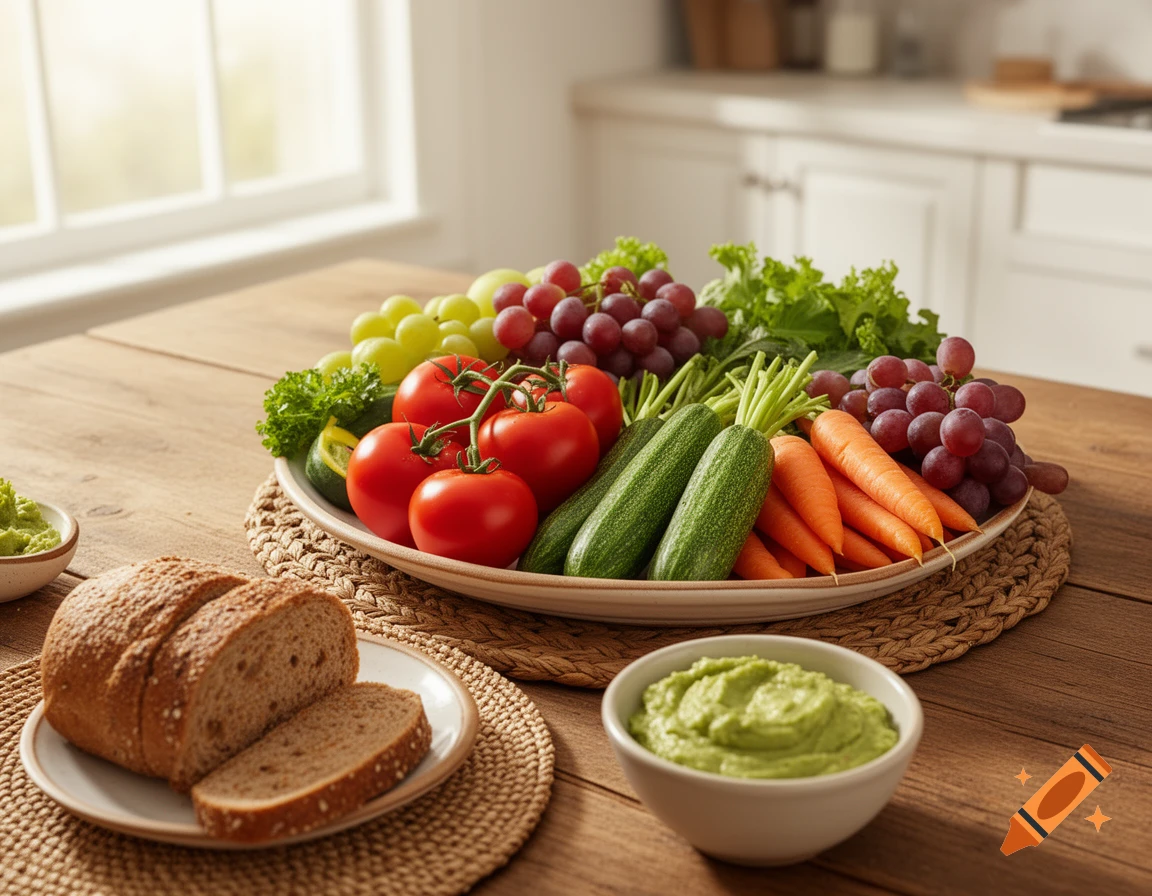 A platter of fresh vegetables and fruits, sliced bread, and a bowl of green dip on a wooden table in a kitchen.