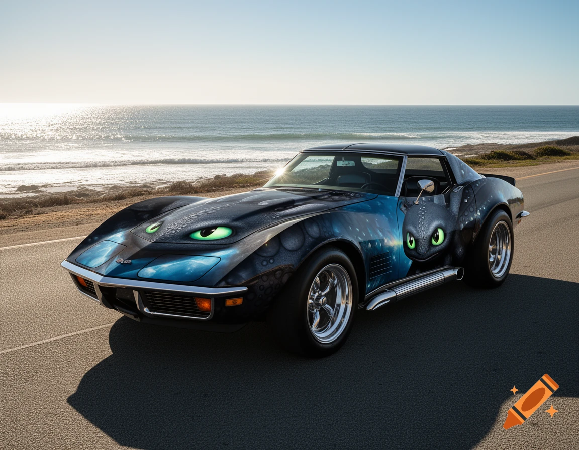 A black C3 Corvette with a Toothless dragon wrap parked on a coastal road overlooking the ocean.