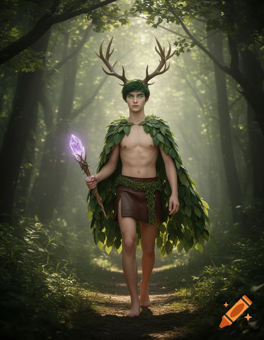 A young man with antlers, green hair, leaf cape, and a leather kilt walks barefoot in a mystical forest, holding a glowing crystal staff.