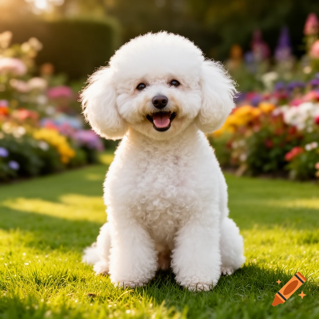 A fluffy white poodle sits on green grass, smiling happily in a sunny garden with colorful flowers in the blurred background.