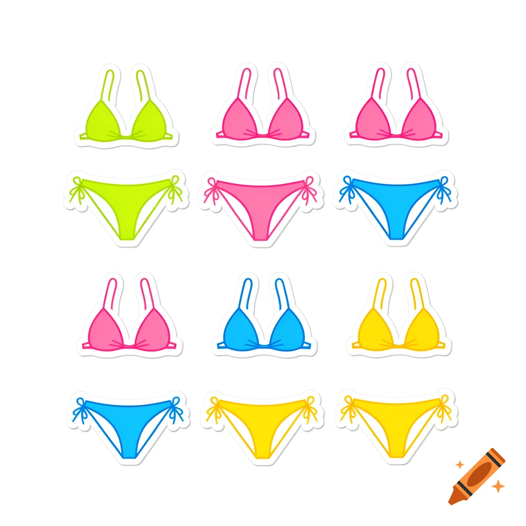 A grid of nine colorful bikini tops and bottoms as cartoonish stickers on a white background.