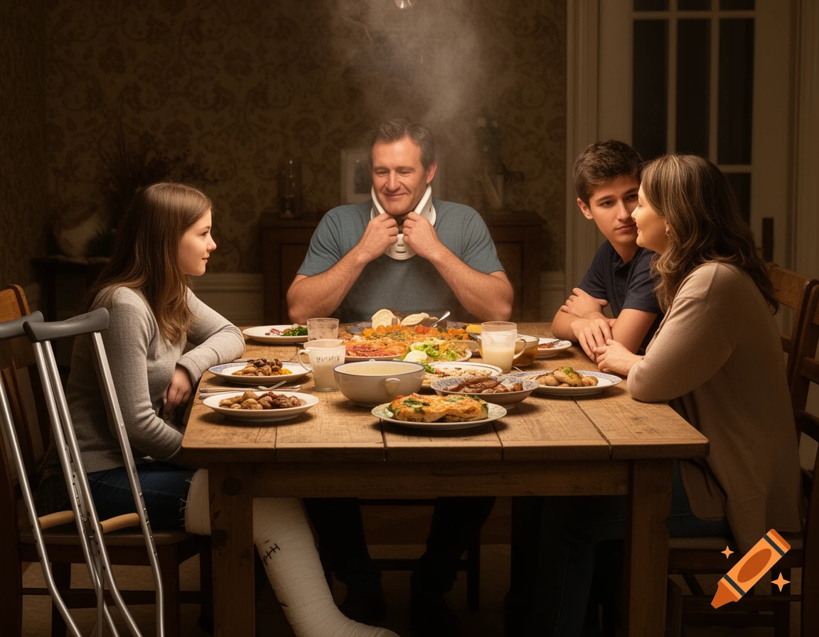 A family of four gathers around a dinner table, with the dad wearing a neck brace and the daughter having a leg cast and crutches.