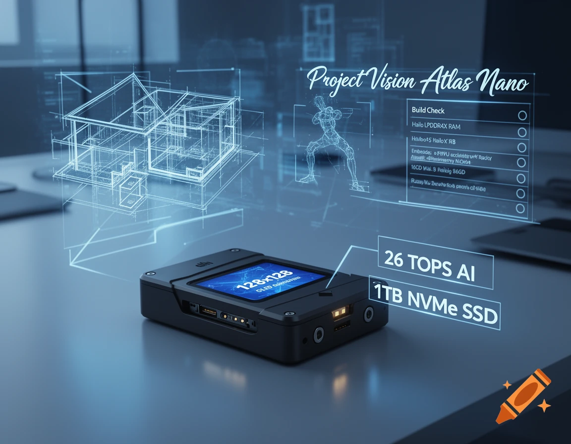 A black rectangular device on a desk projects blue holograms showing a house blueprint, a figure, and technical details like "Project Vision Atlas Nano," "26 TOPS AI," and "1TB NVMe SSD."