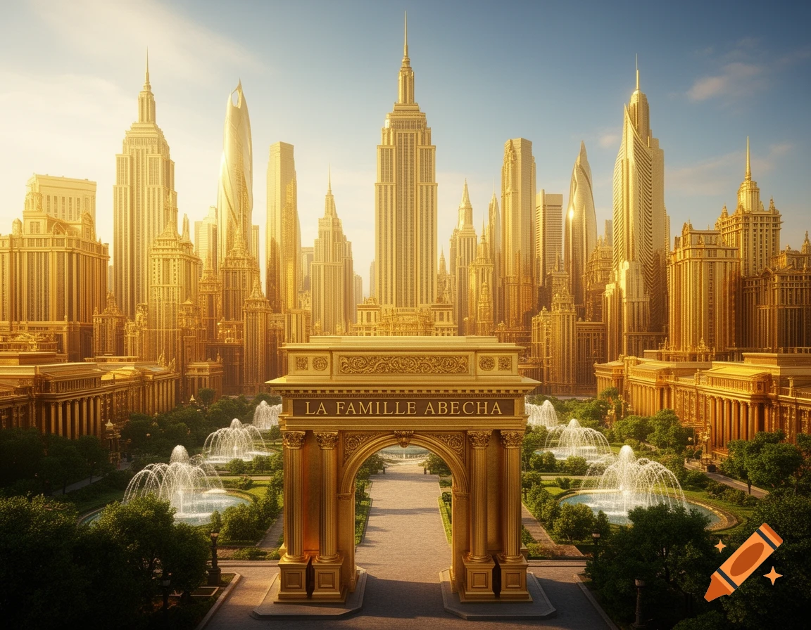 A grand golden archway inscribed with "LA FAMILLE ABECHA" leads into a luxurious golden city filled with towering skyscrapers and ornate fountains under a clear sky.