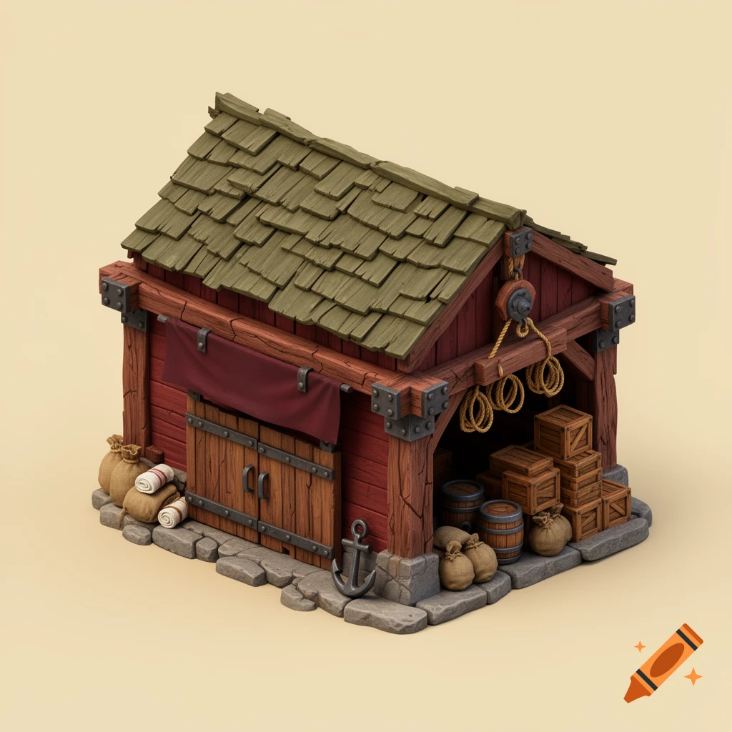 A stylized pirate storage warehouse with red plank walls, a green shingle roof, stone foundation, and various cargo.
