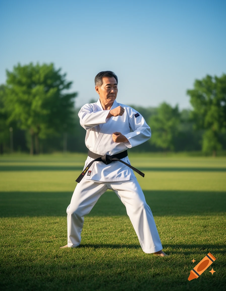 An older Asian man in a white karate gi and black belt stands in a martial arts stance on a grassy field with trees under a blue sky, photorealistic.