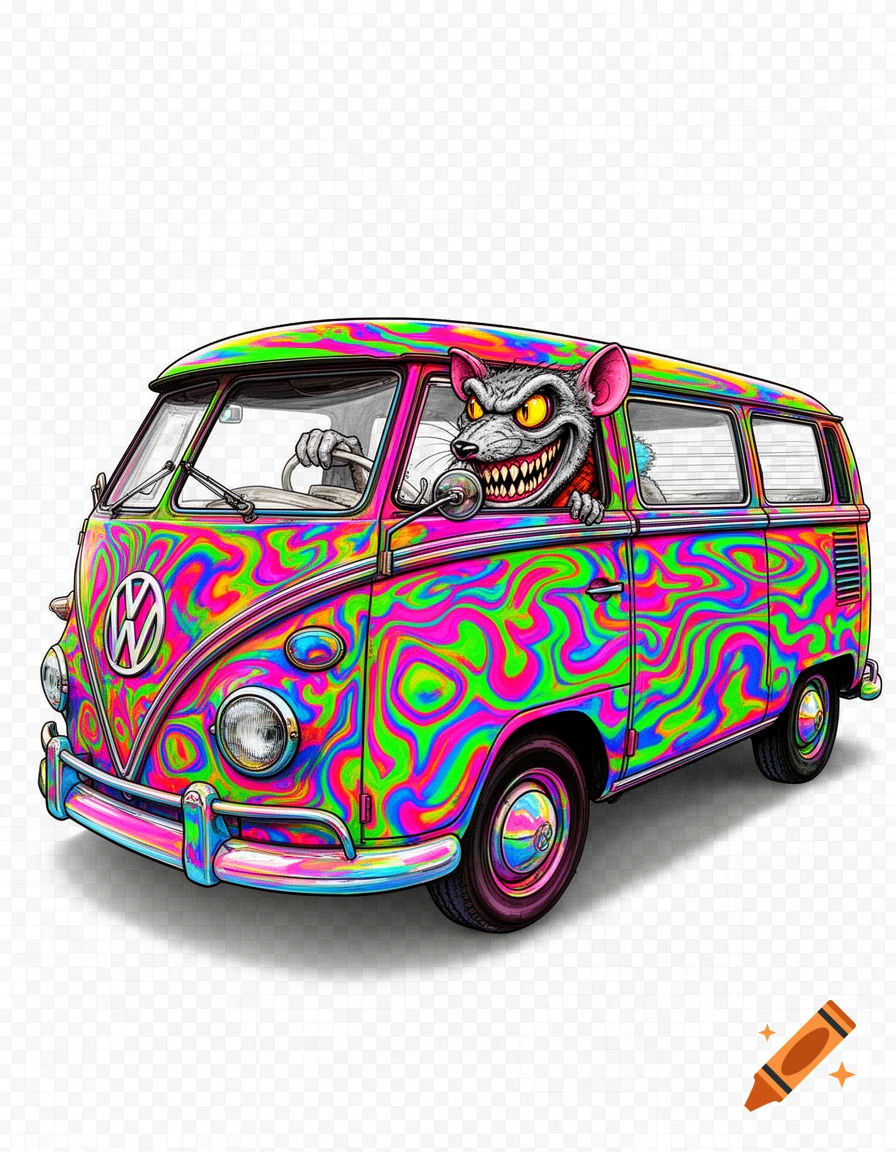 Cartoon Rat Fink drives a brightly colored psychedelic vintage VW van on a transparent background.
