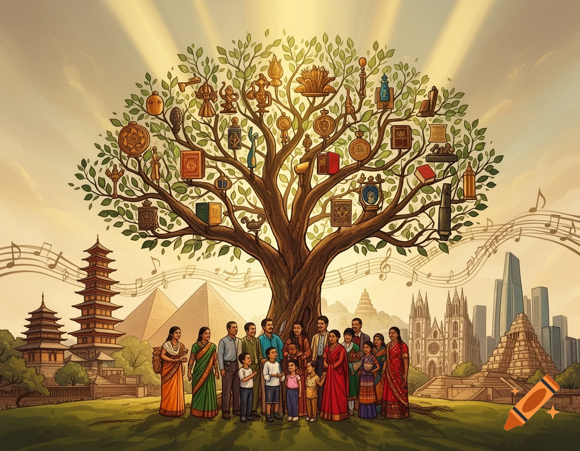 Diverse family under a tree with cultural symbols and global landmarks in an illustrative style.