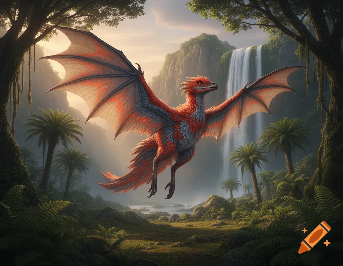 A vibrant red and grey feathered winged dinosaur-like creature flies through a lush jungle with a large waterfall under a bright sky.