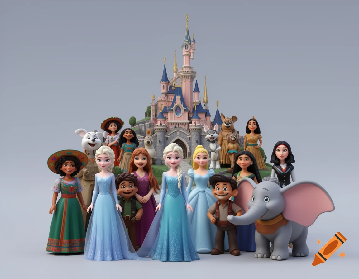 3D rendered figurines of various Disney-style characters including Elsa, Anna, Mirabel, and Dumbo, standing in front of a magical castle.