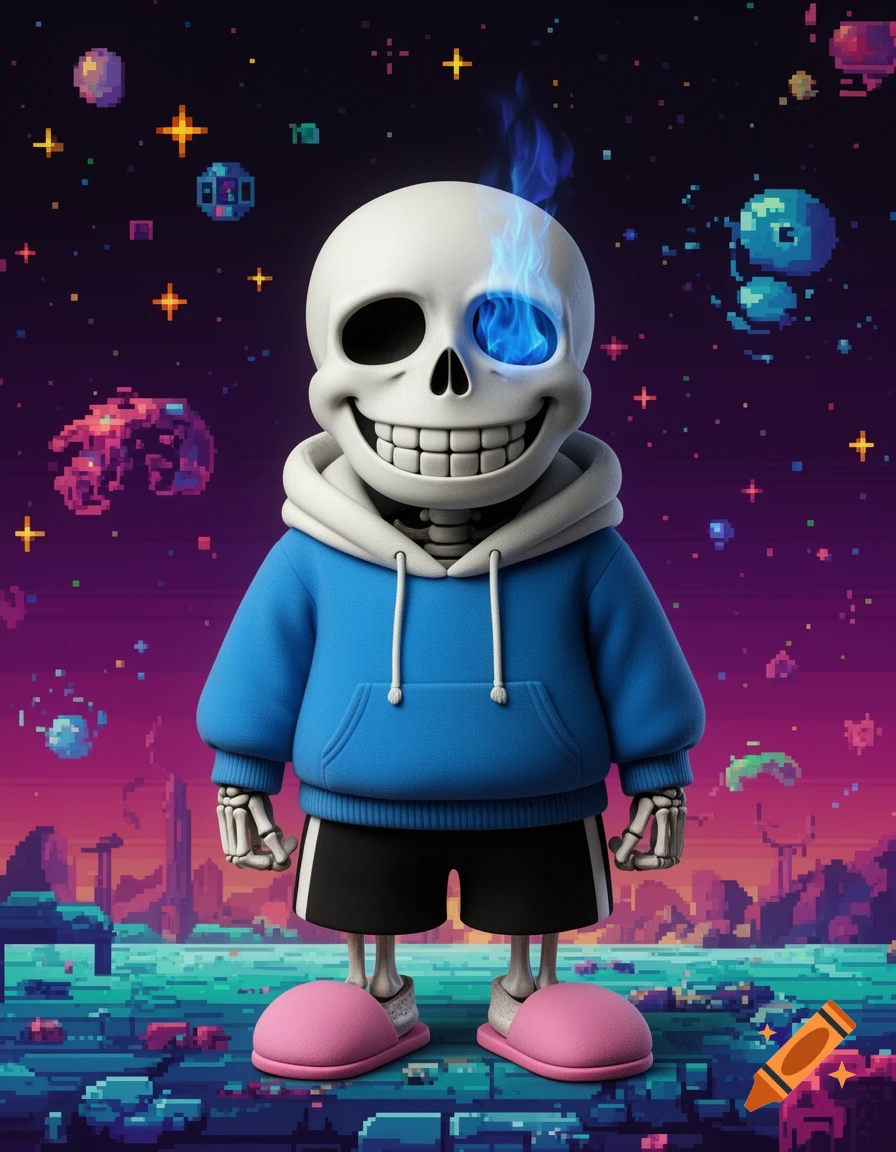Cartoon skeleton with glowing blue eye and blue flames, wearing a blue hoodie and pink slippers, in a pixelated cosmic landscape.
