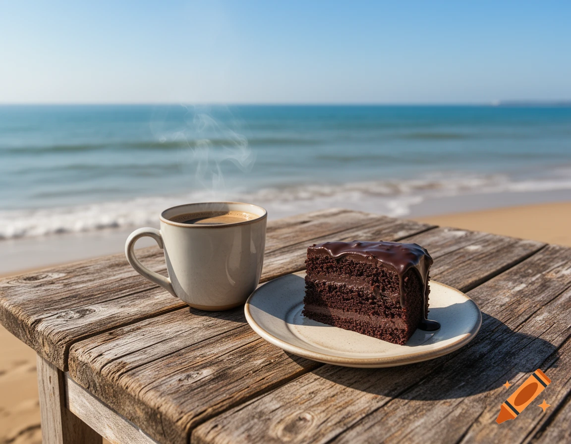 A steaming cup of coffee and a slice of chocolate cake on a rustic wooden table by the ocean beach.