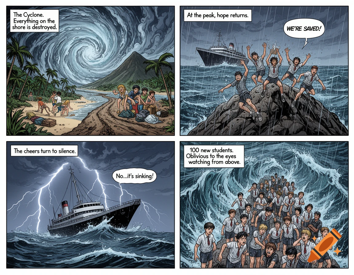 A dramatic 4-panel comic page showing a tropical cyclone, teenagers on a mountain cheering a ship, the ship sinking in a lightning storm, and new students swimming unaware.