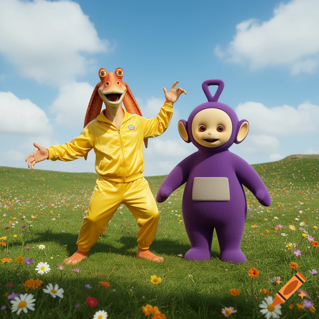Jar Jar Binks in a yellow tracksuit and purple Tinky Winky stand in a flower-filled green field under a blue sky.