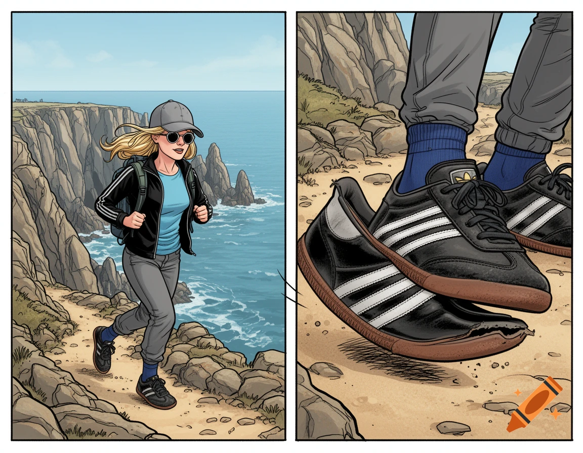 Comic art: A blonde woman hikes a rocky coastal path; a close-up shows her worn black sneakers with a detached sole.