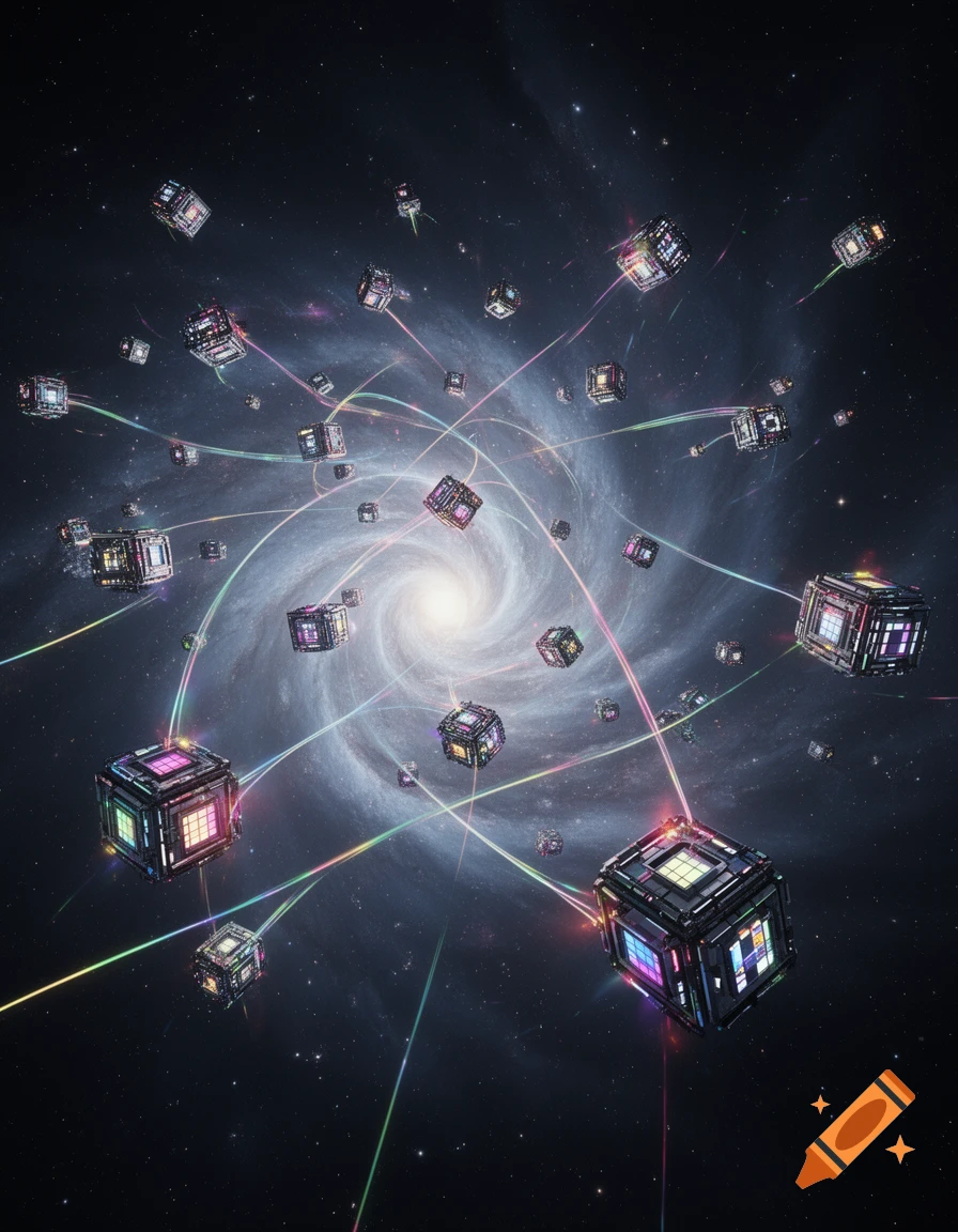 Glowing cubic spaceships connected by colorful light beams orbit a bright spiral galaxy in deep space, against a backdrop of stars.