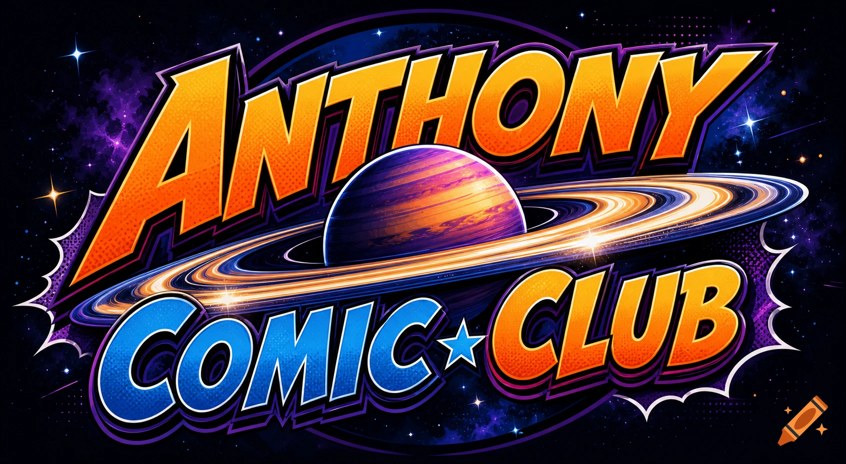 Bold, colorful logo for Anthony Comic Club featuring a ringed planet and stars in a cosmic background.