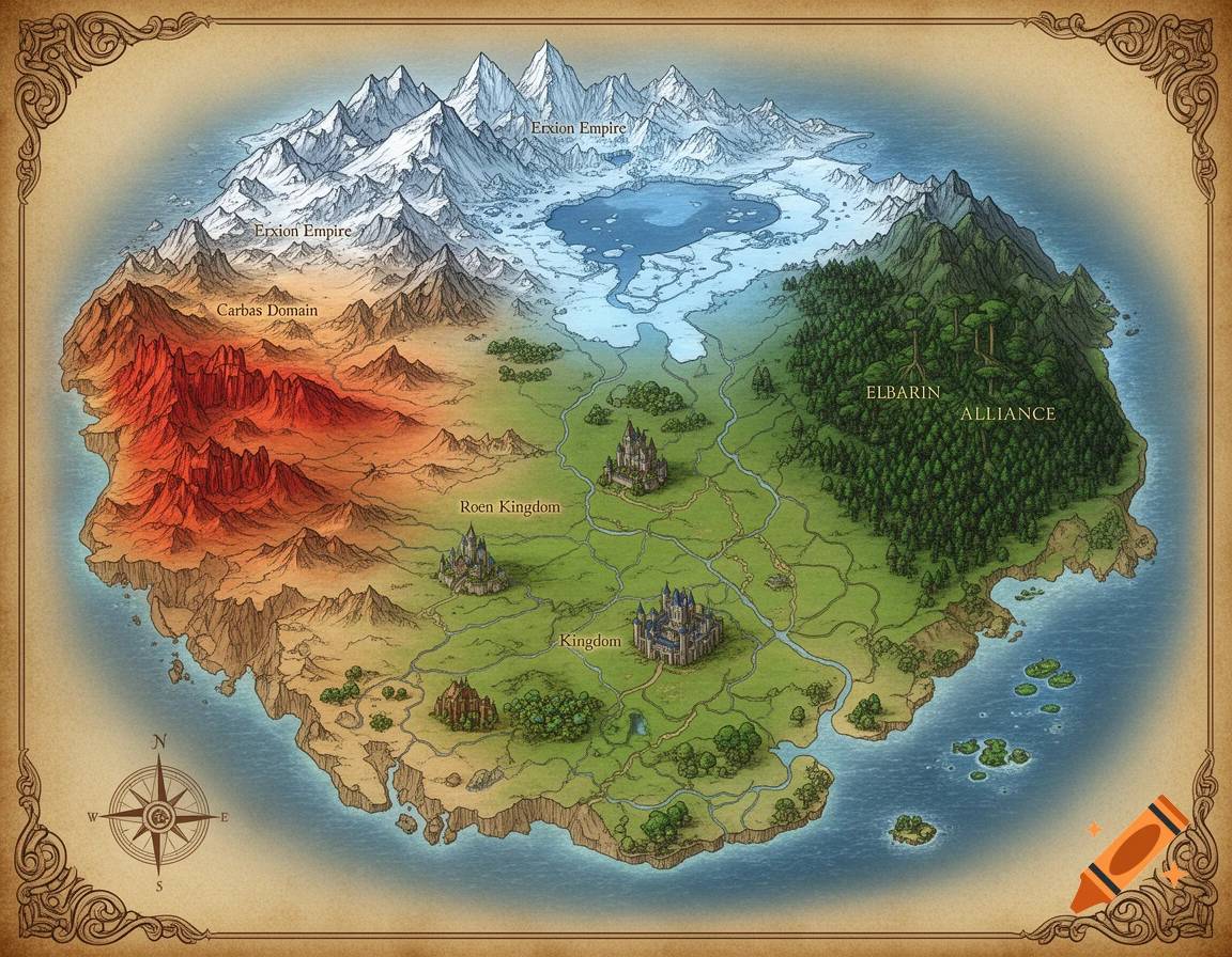 A detailed, hand-drawn fantasy world map with varied biomes, labeled empires, kingdoms, and alliances, and a decorative border.