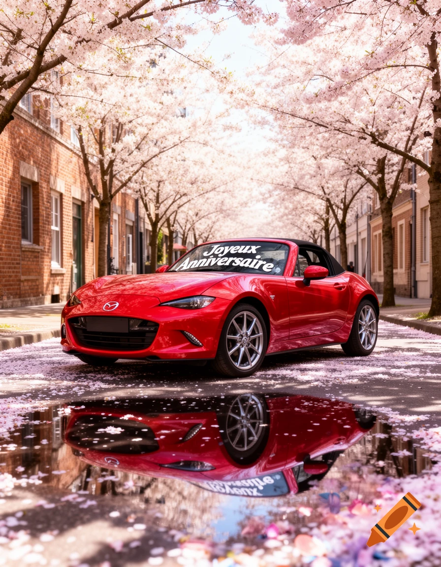 A red Mazda MX5 convertible on a cherry blossom-lined street, with 'Joyeux Anniversaire' on its windshield, reflected in a puddle.