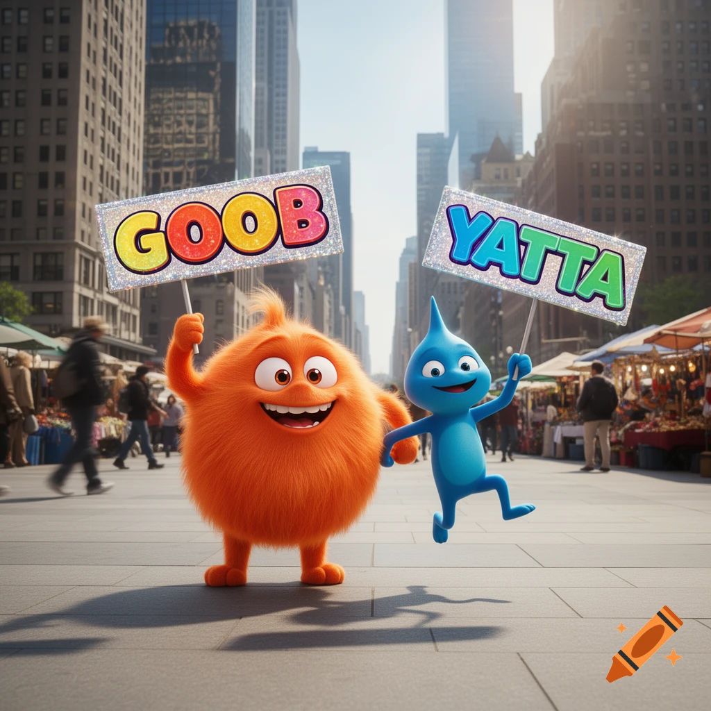 An orange furry character and a blue water-drop character hold signs saying 'GOOB' and 'YATTA' on a sunny city street with market stalls.