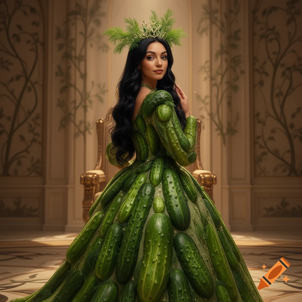 A dark-haired woman in a photorealistic gown made of cucumbers and a dill sprig tiara stands in an opulent throne room.