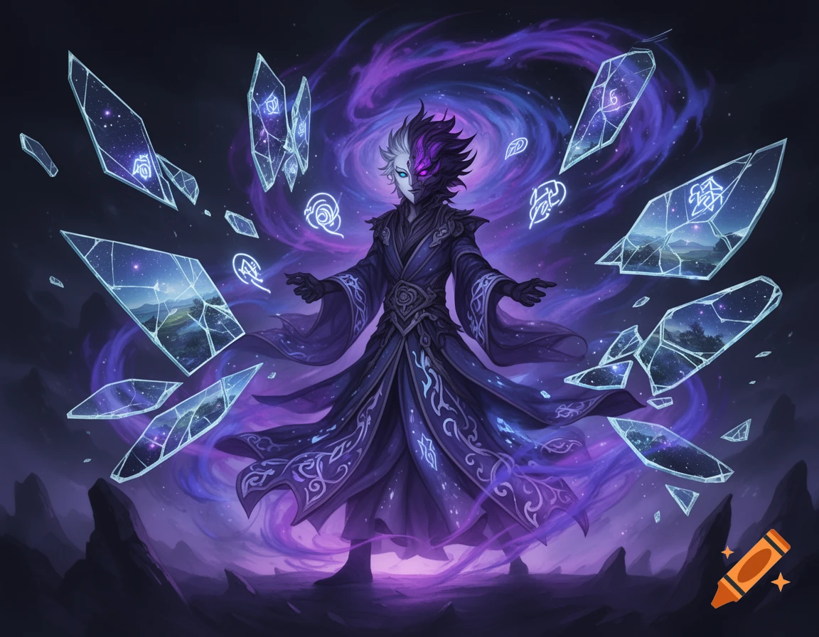 A fantasy character with a split dark and light face, wearing a purple robe, stands amidst glowing shattered mirrors and a purple magical aura.