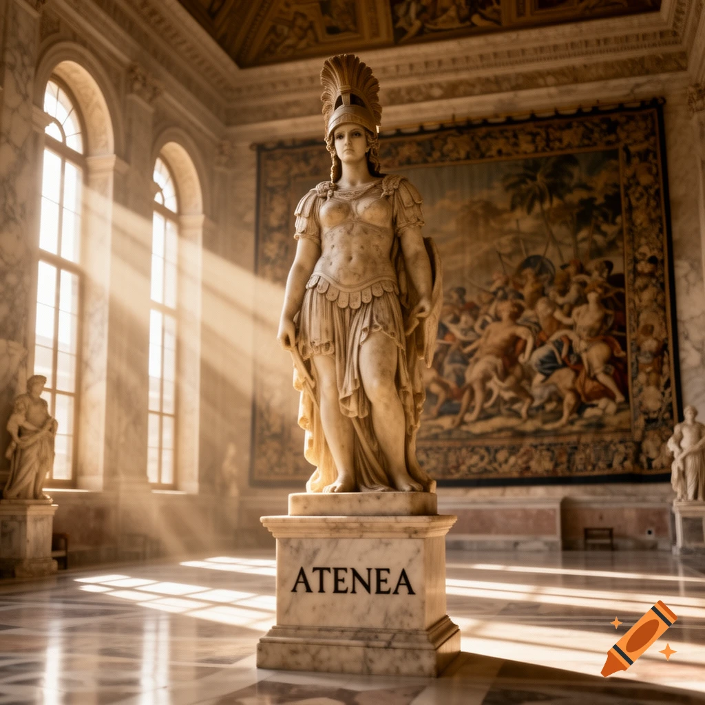 Photorealistic marble statue of Atenea on a pedestal in a grand sunlit museum hall with a large tapestry.