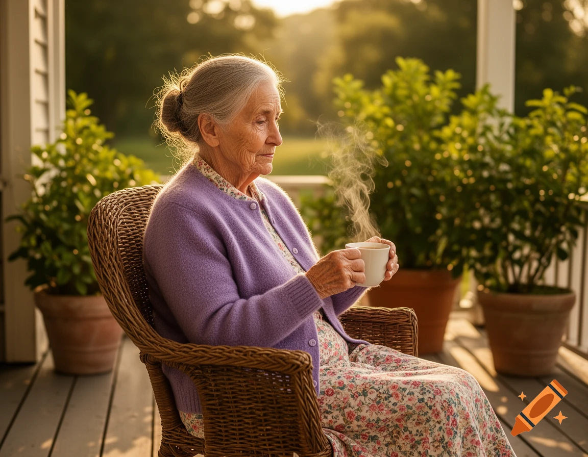An elderly woman with grey hair in a bun sits in a wicker chair on a sunlit porch, holding a steaming cup.