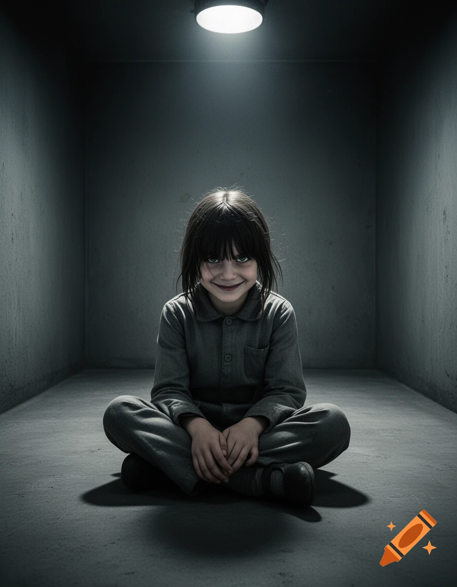 A young girl with a devious smile sits in a dimly lit, bare prison cell, looking up with a Kubrick stare.