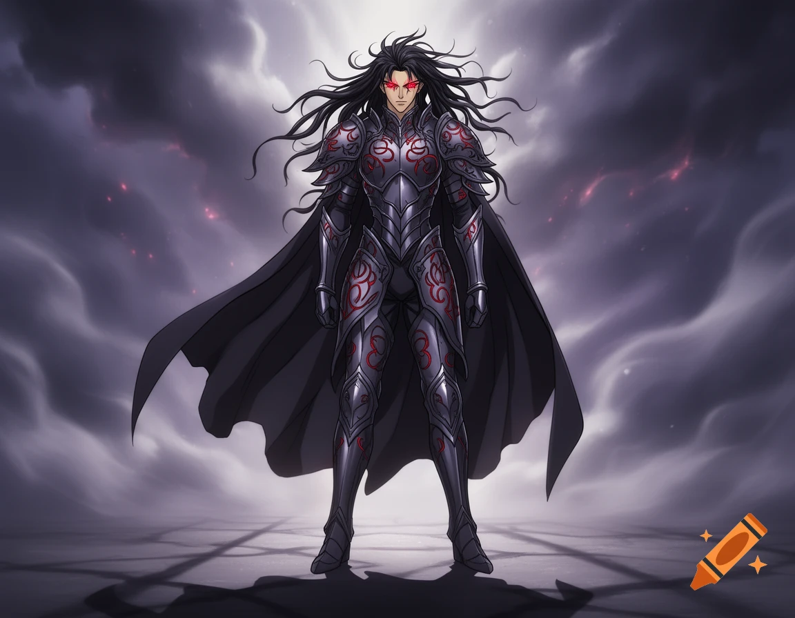 An anime-style male character with long black hair, glowing red eyes, and dark fantasy armor with red patterns and a flowing cape, against a cloudy sky.
