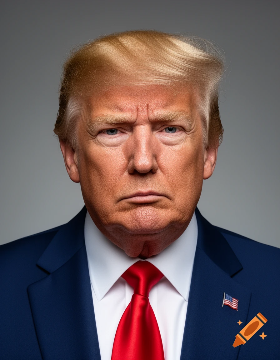 Photorealistic close-up portrait of Donald Trump in a navy suit and red tie, looking stern.
