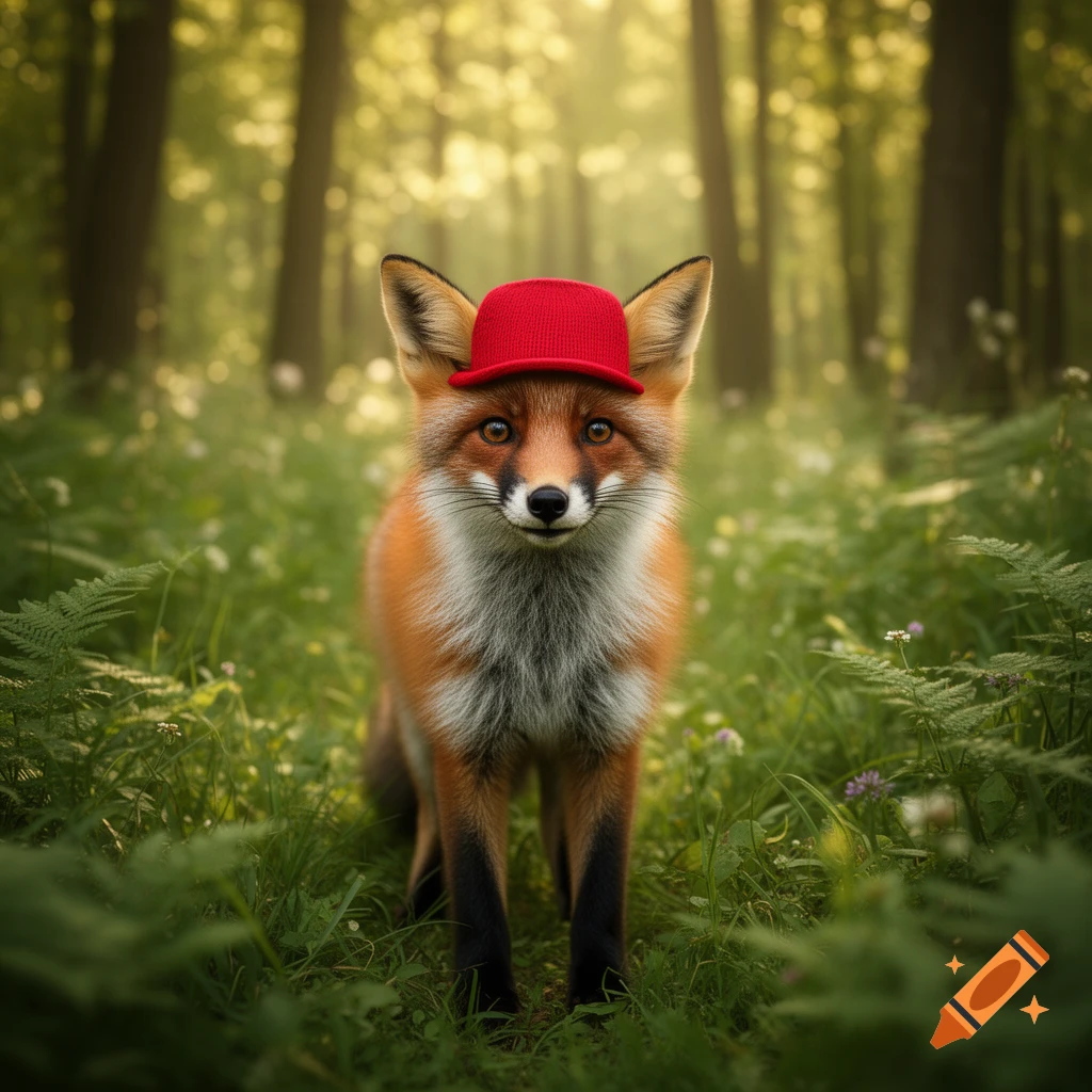 A photorealistic fox wearing a red hat stands in a lush green forest, looking directly forward.
