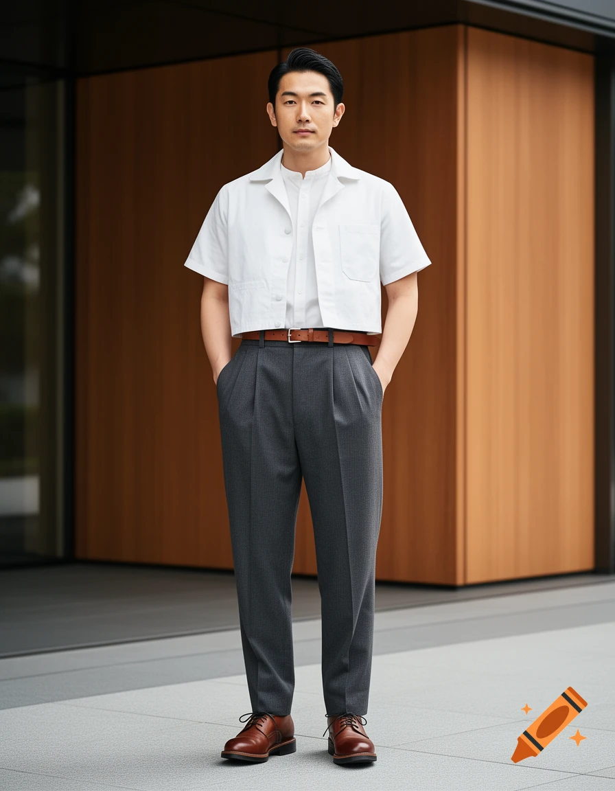 A Japanese man in a white short-sleeved shirt, charcoal pleated trousers, brown belt, and leather lace-up shoes, standing outdoors.